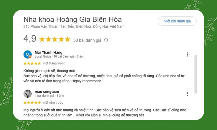 7 Tiêu Chí Vàng Chọn Nha Khoa Uy Tín Tại Biên Hòa Đồng Nai 35 Phản hồi của khách hàng tại Nha khoa Hoàng Gia Biên Hòa - Ảnh: Google Review