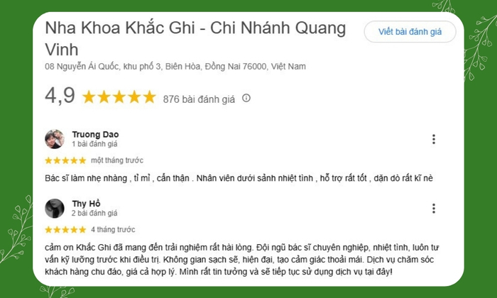 7 Tiêu Chí Vàng Chọn Nha Khoa Uy Tín Tại Biên Hòa Đồng Nai 20 Nha khoa Khắc Ghi được nhiều khách hàng đánh giá cao về chất lượng dịch vụ- Ảnh: Google Review