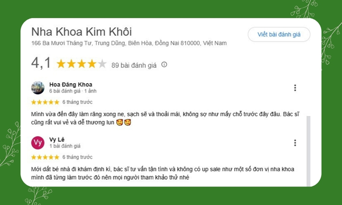 7 Tiêu Chí Vàng Chọn Nha Khoa Uy Tín Tại Biên Hòa Đồng Nai 31 Phản hồi về dịch vụ tại nha khoa Kim Khôi - Ảnh: Google Review