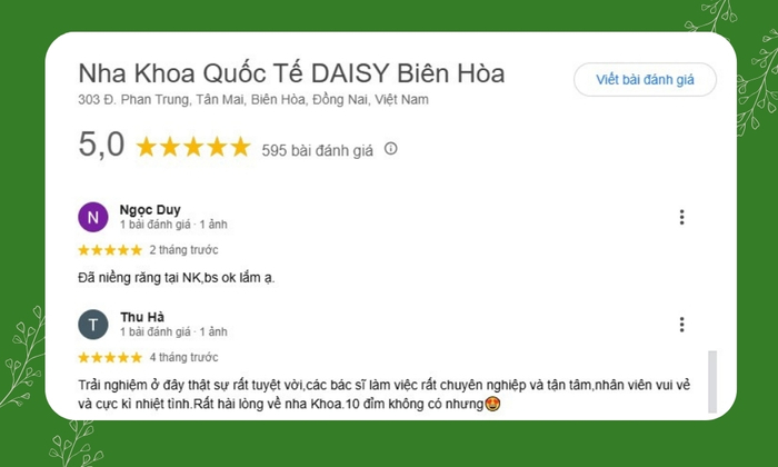 7 Tiêu Chí Vàng Chọn Nha Khoa Uy Tín Tại Biên Hòa Đồng Nai 25 Nha khoa Quốc tế Daisy được nhiều khách hàng khen ngợi - Ảnh: Google Review